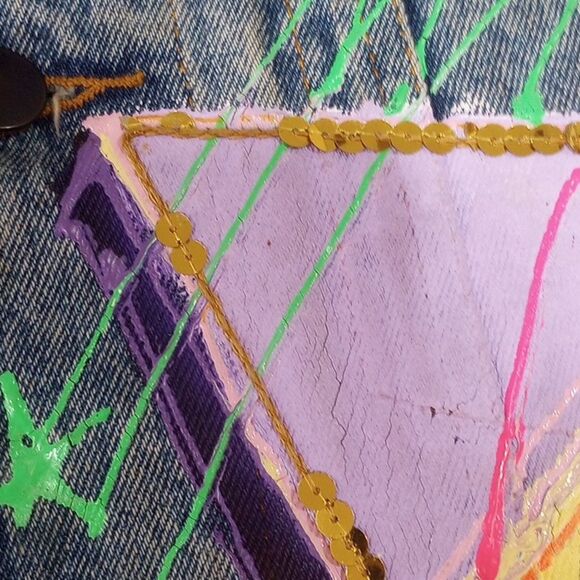 Vintage 80's Sportdeco Diner Acid Wash Hand Painted Embellished Denim Jacket - M - Picture 11 of 13
